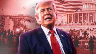 President Donald Trump against a backdrop of the 2021 Capitol riot | Pool via CNP/Picture Alliance/Consolidated News Photos/Newscom/Tyler Merbler