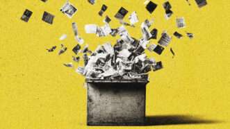 A ballot box explodes, sending shreds of U.K. voters' ballots flying. | Illustration: Midjourney