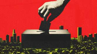 A hand is seen casting a vote amid a sea of coins and against a red backdrop | Illustration: Midjourney