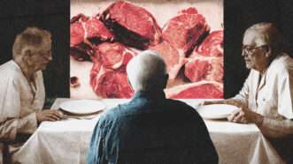 Elderly people sit around a table with empty plates, in front of a picture of meat. | Illustration: Midjourney