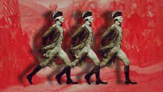 Against a red background, three men in colonial attire are marching. | Illustration: Library of Congress/Midjourney