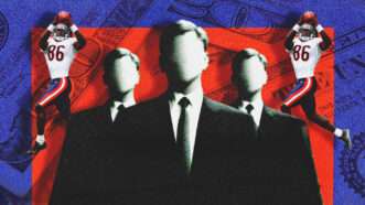 In the foreground is an animated image of three faceless men in black suits and black ties, behind them duplicated on the left and right is an image of a Chicago Bears player catching a football, all in front of a red square and a blue outline and faded images of $20 bills. | Illustration: Dennis Thompson/Dreamstime/John Cordes/Icon Sportswire 506/John Cordes/Icon Sportswire/Newscom/Midjourney