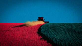 A drawing of a farm machine in a field in the evening | Illustration: Midjourney