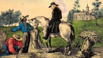 A drawing of George Washington sitting on a white horse while talking to two black slaves working in the field at Mount Vernon. | Nathaniel Currier/Metropolitan Museum of Art