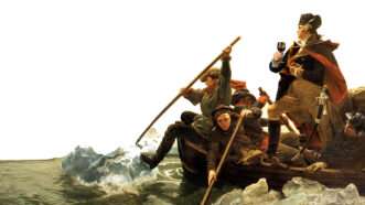 George Washington crossing the Delaware holding a wine glass | Illustration: Joanna Andreasson; Source image: Washington Crossing the Delaware; Emanuel Leutze/Wikimedia