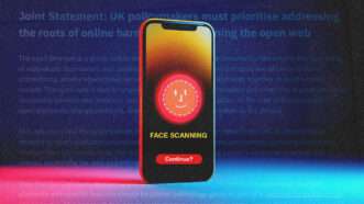 A cell phone with a facial scanning app | Illustration: Midjourney/Prykhodov/Dreamstime/Open Rights Group