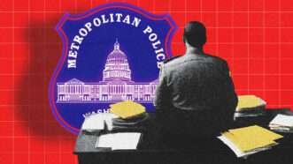 An officer sits at attention in front of the seal of the Washington, D.C. Metro Police Department. | Illustration: Leodavidson/Wikimedia Commons/Midjourney