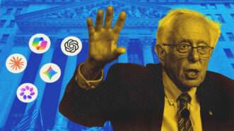 Blue-tinted New York Stock Exchange in the background, AI company logos, and a yellow-tinted picture of Bernie Sanders in the foreground | Illustration: AltrendoImages/Envato/Samuel Corum/Sipa USA/Newscom