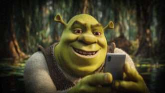 Shrek holding a smartphone | Midjourney