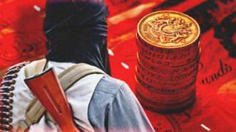 An illustration of a terrorist and a stack of coins | Altinosmanaj/Dreamstime/Getmilitaryphotos/Envato