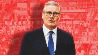 Keir Starmer against a red-tinted picture of soccer fans | Ian Davidson/SOPA Images/Sipa USA/Newscom/David Buono/Action Plus/Newscom