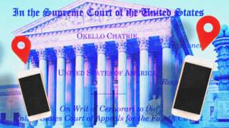 U.S. Supreme Court building in the background and legal documents in the Chatrie case and smartphones in front of it | Illustration: Supreme Court of the United States/Ken Cole/Dreamstime/LightFieldStudios/Envato