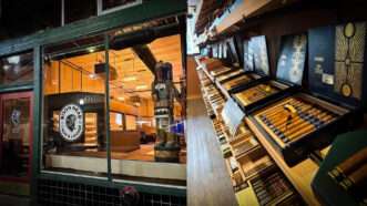 Two images side by side - the glass storefront of a cigar bar on the left and a photo of cigars on shelves on the right | Jimmy Lewis