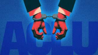 Handcuffed in front of the ACLU logo | Illustration: ACLU/Midjourney