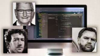 Photos of Tim Cook, Mark Zuckerberg, and J.D. Vance around a computer screen with code on it | IMAGO/Louis Grasse/PxImages/Newscommpi99/IMAGO/MediaPunch/Newscom/AdMedia/SIPA/Midjourney