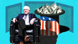 An illustration of Bernie Sanders alongside a top hat full of cash | Illustration: Elena Vizzoca/ZUMAPRESS/Newscom/Adani Samat/Midjourney