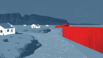 An illustration of a border town, with a wall highlighted in red | Adani Samat/Midjourney