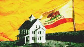 A house with the California state flag in the background | Illustration: Usataro/Elenavolf/Dreamstime/Midjourney