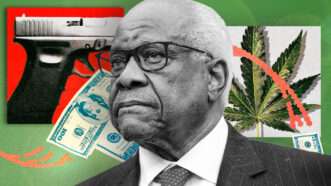Supreme Court Justice Clarence Thomas against a backdrop of a pistol, cash, and a cannabis leaf | Pool/Abaca/Newscom/Adani Samat/Midjourney
