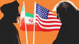 An illustration of Mojtaba Khamenei and Donald Trump silhouettes alongside Iranian and U.S. flags | Adani Samat/Midjourney/Envato
