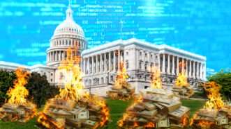 An illustration of the U.S. Capitol with piles of burning money on the lawn | Adani Samat/Midjourney