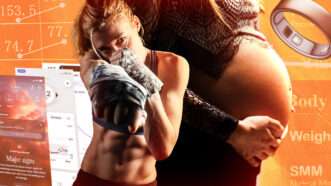 Sarah Rose Siskind's abs, a pregnant belly, an oura ring | Illustration: Adani Samat. Photo: Sarah Siskind/Oura/Boww111