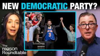 Katherine Mangu-Ward appears on the left. Matt Welch appears on the right. In the center, an image appears of Mayor Zohran Mamdani in a New York Knicks jersey on stage, raising the hands of Brad Lander and Darializa Avila Chevalier. Bold text above them reads "NEW DEMOCRATIC PARTY?" | Illustration: Adani Samat