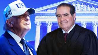 Donald Trump and Antonin Scalia in front of the Supreme Court building | Illustration: Adani Samat. Photo: Bonnie Cash - via CNP/Polaris/Newscom/Marielam1
