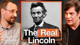 Damon Root appears on the left. Nick Gillespie appears on the right. A black and white image of President Abraham Lincoln appears in the center square. Bold text across the bottom of the screen reads "THE REAL LINCOLN." | Illustration: Adani Samat