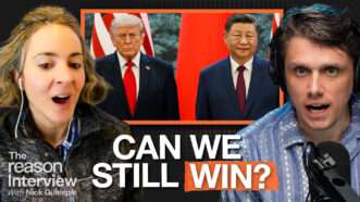 On the left is Soumaya Keynes. On the right is Eric Boehm. Behind them is an image of President Trump and Xi Jinping. Bold text across the bottom of the screen reads "CAN WE STILL WIN?" | Illustration: Adani Samat