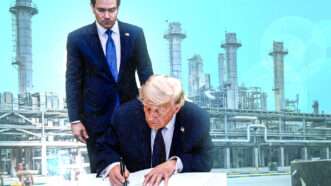 Donald Trump signing embargo waiver with Marco Rubio behind him | Babak Bordbar/MEI/SIPA/Newscom/Daniel Torok/White House via AQP. Illustration: Adani Samat