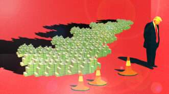 Traffic cones standing between President Donald Trump and a pile of money | Adani Samat/Midjourney