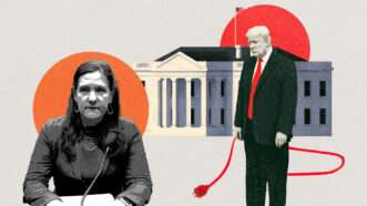 A sketch of Rebecca Slaughter, Donald Trump, and the White House with a white background, a red circle, and an orange circle | Mattie Neretin/Sipa USA/Newscom/Adani Samat/Midjourney
