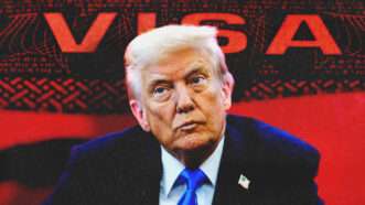 President Donald Trump against a red-tinted visa in the background | Dimarik16/Dreamstime/Aaron Schwartz/Pool via CNP/Mega/RSSIL/Newscom