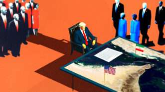 A digital image of Trump sitting in front of a map with American and Iranian flags with several figures in the background against an orange background | Illustration: Adani Samat/Midjourney