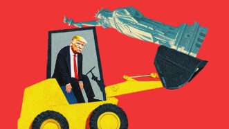 President Donald Trump drives an earth mover with the Statue of Liberty in its claw. | Illustration: Adani Samat/Midjourney