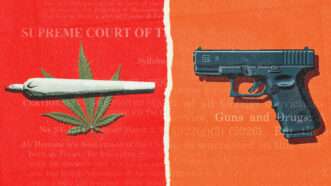 a joint, a cannabis leaf, and a gun against a backdrop of the Supreme Court's decision in United States v. Hemani | Adani Samat/Midjourney
