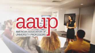 Logo of American Association of University Professors with a college classroom in the background | Illustration: American Association of University Professors/Monkey Business Images/Dreamstime