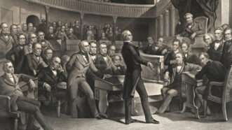 A black and white drawing of a debate in the U.S. Senate in the middle of the 19th century, where Henry Clay is speaking. | Illustration: The United States Senate, 1850, drawn by P. F. Rothermel, engraved by R. Whitechurch; Library of Congress