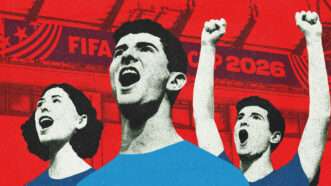 Against a red background, three screaming fans in blue shirts, one of whom has their hands raised. | Illustration: Midjourney/Amy Lutz/Dreamstime