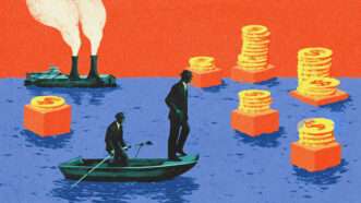Figures on a boat looking at money | Illustration: Midjourney