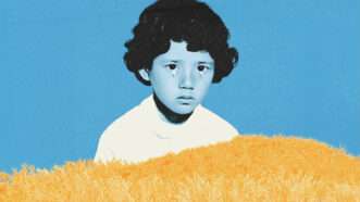 A child tinted blue against a blue background with golden rice at the bottom of the image | Midjourney