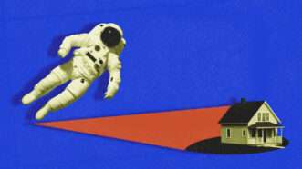 Against a blue backdrop, an orange triable connects the foot of an astronaut to a black and white image of a house. | Illustration: Midjourney/Joe Sohm/Dreamstime