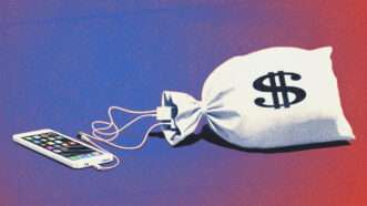 A smartphone is plugged into a sack of money with a dollar sign on it. | Illustration: Midjourney/Alexey Boldin/Dreamstime