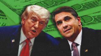 President Donald Trump and Acting Attorney General Todd Blanche against a backdrop of U.S. currency | AdMedia/Samuel Corum/Sipa USA/Newscom/Draftmode/Dreamstime