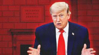 President Donald Trump against a backdrop of the IRS building | Natalia Bratslavsky/Dreamstime/Jim Lo Scalzo/UPI/Newscom
