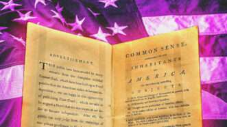 Common Sense by Thomas Paine in front of a US flag. | Illustration: Joyofmuseums/Wikimedia Commons/rawf8/Envato