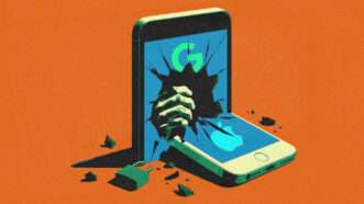 A smartphone, broken in half | Illustration: Google/Apple/Midjourney