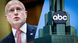 FCC Chairman Brendan Carr next to a photo of ABC's headquarters | Aaron Schwartz/Sipa USA/Newscom/Ken Wolter/Dreamstime