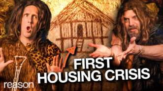 Austin Bragg and Andrew Heaton as cavemen arguing over a drawing of a proposed hut. An arrow points to the hut above the words First Housing Crisis | Adani Samat